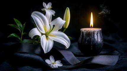 Fototapeta premium Funeral Remembrance White Lilies Candle Black Ribbon