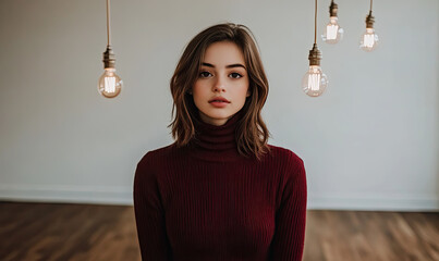 A woman in a maroon turtleneck sweater poses serenely in a minimalist room with hanging light bulbs
