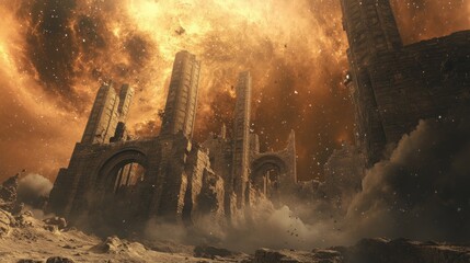 Apocalyptic Ruins Under a Fiery Sky