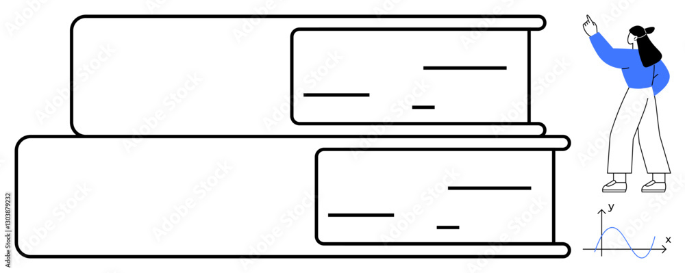 Poster person pointing at graph with x and y axes beside large stacked books. ideal for learning, teaching,