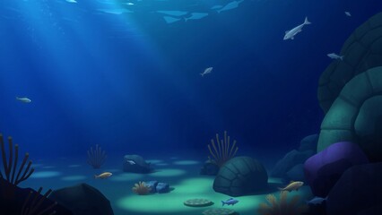 Serene Underwater Scene Cartoon-Style Ocean Floor with Fish and Coral