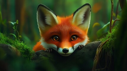 Obraz premium Curious fox cub peering forest rock, lush background, nature illustration