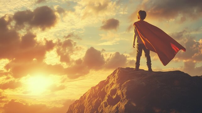 A child dressed as a superhero stands on a mountaintop at sunset, looking out at the horizon.