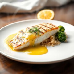 Grilled fish fillet served with lemon sauce, couscous, and broccoli on a white plate.