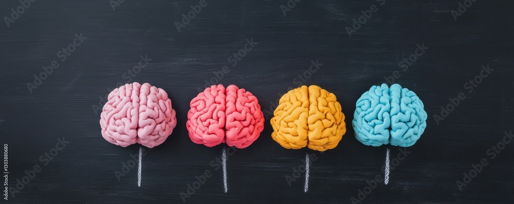 Poster team building communication engagement concept. colorful brain models arranged in a row, representin