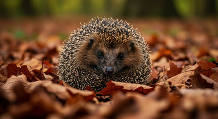 Hedgehog Autumn Leaves Forest Floor: Hedgehog curled up amongst fallen leaves on the forest floor in autumn