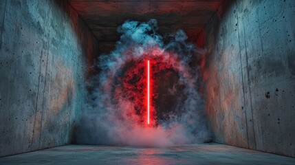 Naklejka premium Red Neon Laser in Smoky Concrete Room Abstract Background Design Template