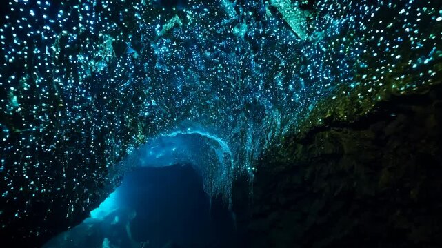Stunning Glowworm Cave Ceiling, Waitomo, New Zealand. ProRes 422 4K.