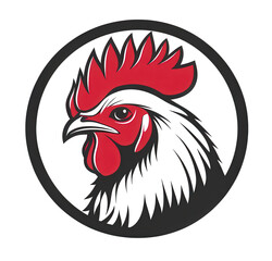 Rooster logo icon in black and red color scheme within a circular frame