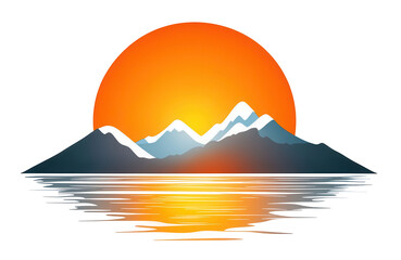 Sunset in the mountains. Minimalist glowing sun setting behind snow-capped peaks, reflecting over a calm body of water