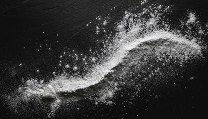 A black slate background with a fine dusting of flour, perfect for bakery and culinary presentations.