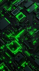 Obraz premium Detailed dark motherboard with luminous green highlights and pathways