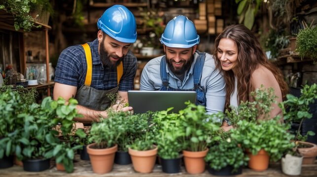 Garden center workers consulting information about plants on a laptop