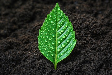 Fresh Green Leaf with Water Droplets on Dark Soil Background
