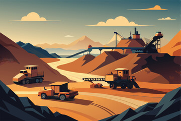 A sprawling open-pit mine reveals colossal earthmoving machinery;  dust billows, showcasing the scale of industrial mining.
