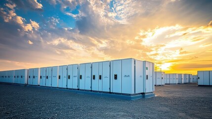 Energy Storage Solutions in Industrial Landscape at Sunset Glow