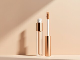 Beauty concealer applicator with transparent tube and gold accents isolated on beige background. Liquid concealer, facial correction, BB cream, skincare product and professional make-up