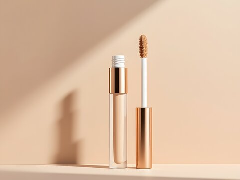 Beauty concealer applicator with transparent tube and gold accents isolated on beige background. Liquid concealer, facial correction, BB cream, skincare product and professional make-up