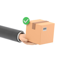 3D Hand holding parcel with check mark. Delivery of order in cardboard box. Fast delivery concept. Mail by courier. Cartoon creative design icon .Supports PNG files with transparent backgrounds.