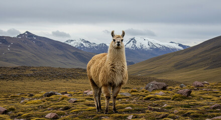 Fototapeta premium Llama Standing Mountains Andes: Llama standing in a mountainous landscape in the Andes Mountains