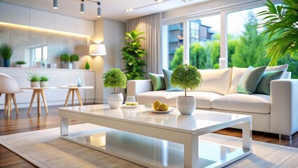 Fototapeta premium Panoramic Photography of White Top Table with Blurred Living Room Background for Product Display and Montage Opportunities