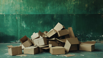 Pile of Trash Cardboard Boxes for Recycling Against a Green Wall, 16:9 aspect ratio
