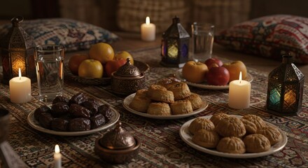 Ramadan and Eid al-Fitr Background with Mosque, Dates, Lanterns, and Traditional Food - Perfect for Islamic Festivals, Greeting Cards, and Social Media Posts