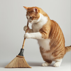 Cat sweeping a broom