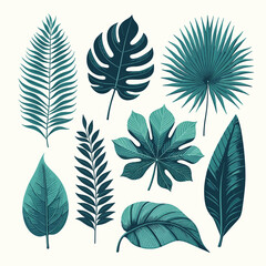 Fototapeta premium Teal Tropical Leaf Vector Set: Botanical Elements