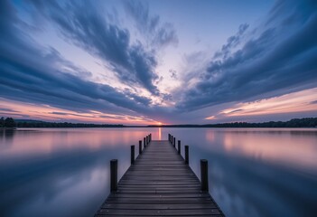 Fototapeta premium Sunset Serenity. Wooden Pier, Tranquil Lake Reflecting Dramatic Sky, Soft Colors. Peaceful Scene Evokes Calm, Inviting Viewers To Experience Nature's Beauty At Dusk. Golden Hour Magic.