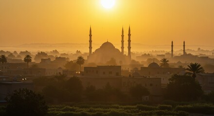 Fototapeta premium Ramadan and Eid al-Fitr Background with Mosque, Dates, Lanterns, and Traditional Food - Perfect for Islamic Festivals, Greeting Cards, and Social Media Posts