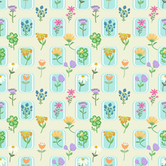 Framed Floral Pattern, Whimsical Flower Design, Retro Flower Box Repeat Pattern, Pastel Colors, Stylized Floral Pattern in Frames, Seamless Design, Colorful Flower Box Pattern, Light Beige Background