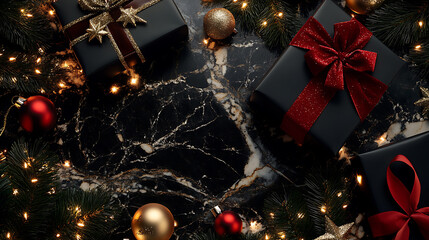 Christmas gift boxes top view background under a decorated with festive ribbons and golden accents
