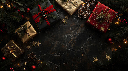 Christmas gift boxes top view background under a decorated with festive ribbons and golden accents