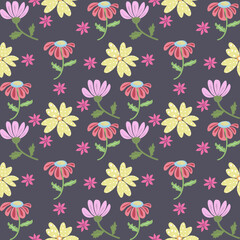 Colorful Floral Pattern on Dark Background - Seamless Design, Pink, Yellow, Red Flower Repeat Pattern - Textile Print, Dark Floral Pattern with Bright Flowers - Digital Paper, Whimsical Flower Pattern