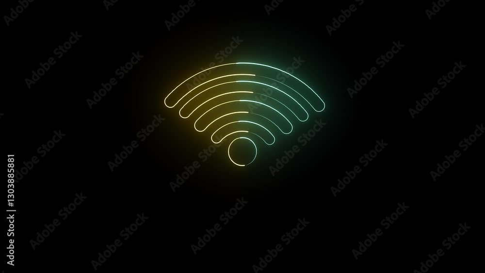 Poster neon animation of wifi sign on black background, fast moving blue and pink rays to both sides. glowi