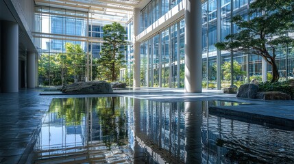 Modern Architectural Oasis: Tranquil Reflection in a Glass-Enclosed Atrium