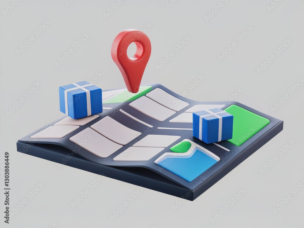 Poster 3d illustration of a map with gift boxes and location pin representing delivery or navigation