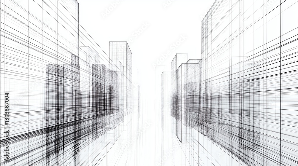 Poster abstract wireframe cityscape in black and white, minimalist architectural perspective with geometric