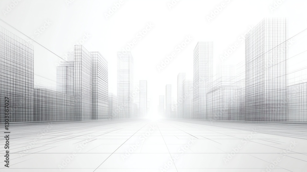 Poster abstract wireframe cityscape in black and white, minimalist architectural perspective with geometric