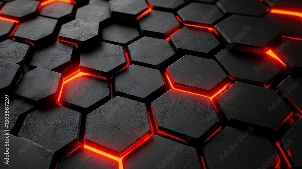Poster elegant dark background with a black and red color scheme, hexagonal texture, and a glowing central 