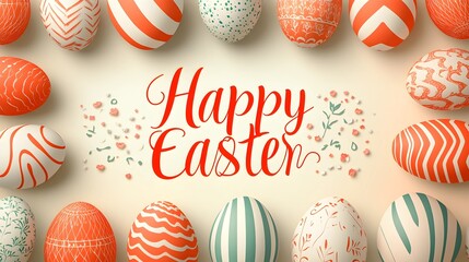 A festive Easter greeting card featuring Happy Easter in bold red script, surrounded by decorated eggs with intricate patterns and delicate floral elements on a soft pastel background.