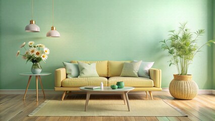 Surreal Modern Living Room with Pastel Mint Walls and Soft Yellow Sofa Accents
