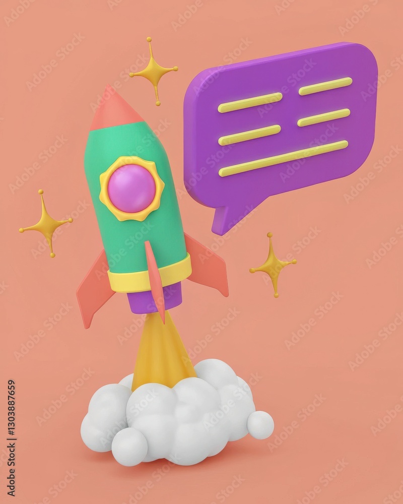 Poster colorful 3d rocket surrounded by clouds with chat bubble and sparkles on orange background