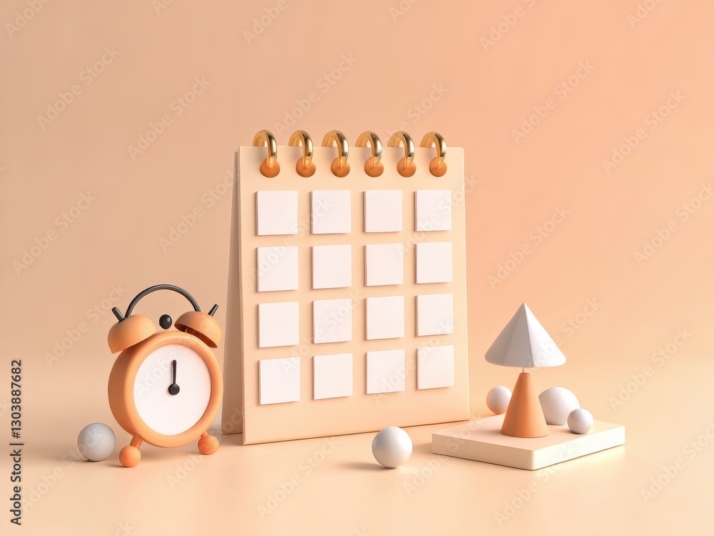 Poster minimalist calendar design with clock and geometric shapes on a soft pastel background