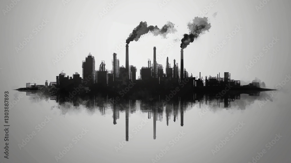 Poster minimalist flat vector illustration of industrial factories with smokestacks and refinery complexes,