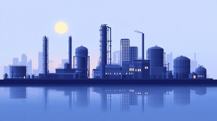 Flat vector illustration of an offshore oil and gas platform, storage tanks, and pipelines in a minimalist industrial style, balanced composition with ample copy space.