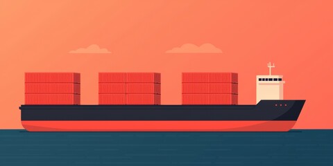 Obraz premium Cargo ship with stacked containers against a sunset backdrop