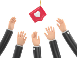 Hands reaching for a pin like with a heart on a hook. Social metaphor, revealing the concept of manipulation of opinion and greed.Supports PNG files with transparent backgrounds.