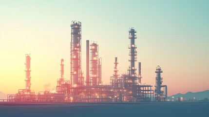 Fototapeta premium Flat-style illustration of an industrial petrochemical plant with refinery towers and pipelines in a minimalist geometric composition, soft gradient sky.